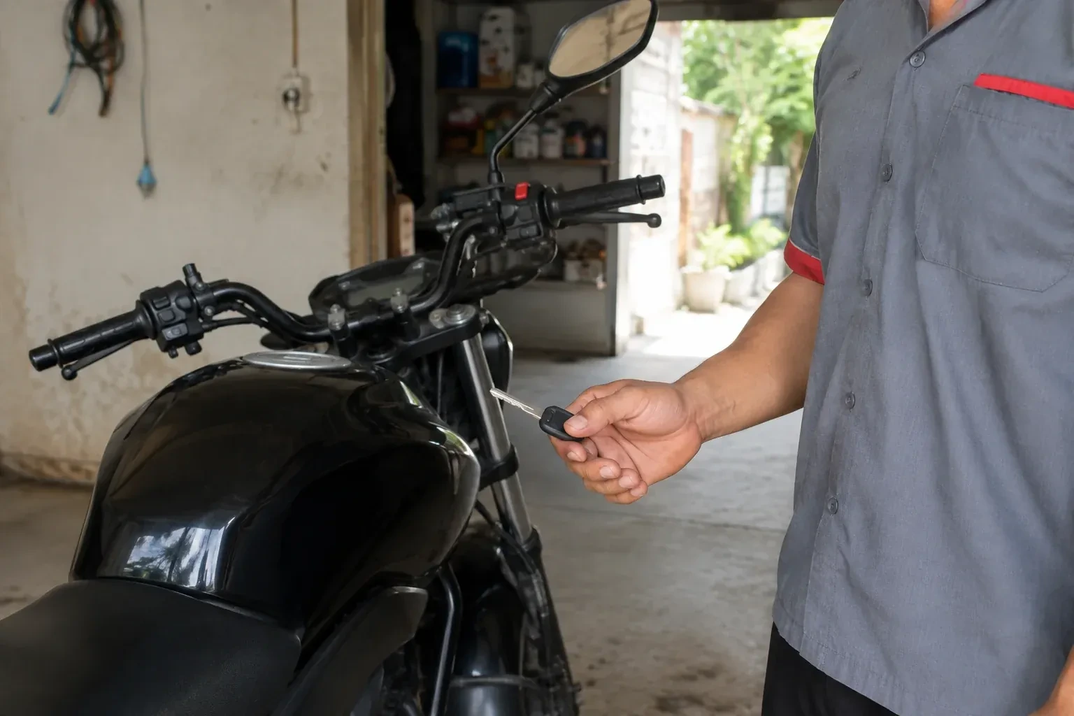 Technician holding a black-headed key beside a parked motorcycle. — Motorcycle & Scooter Keys, Vaughan