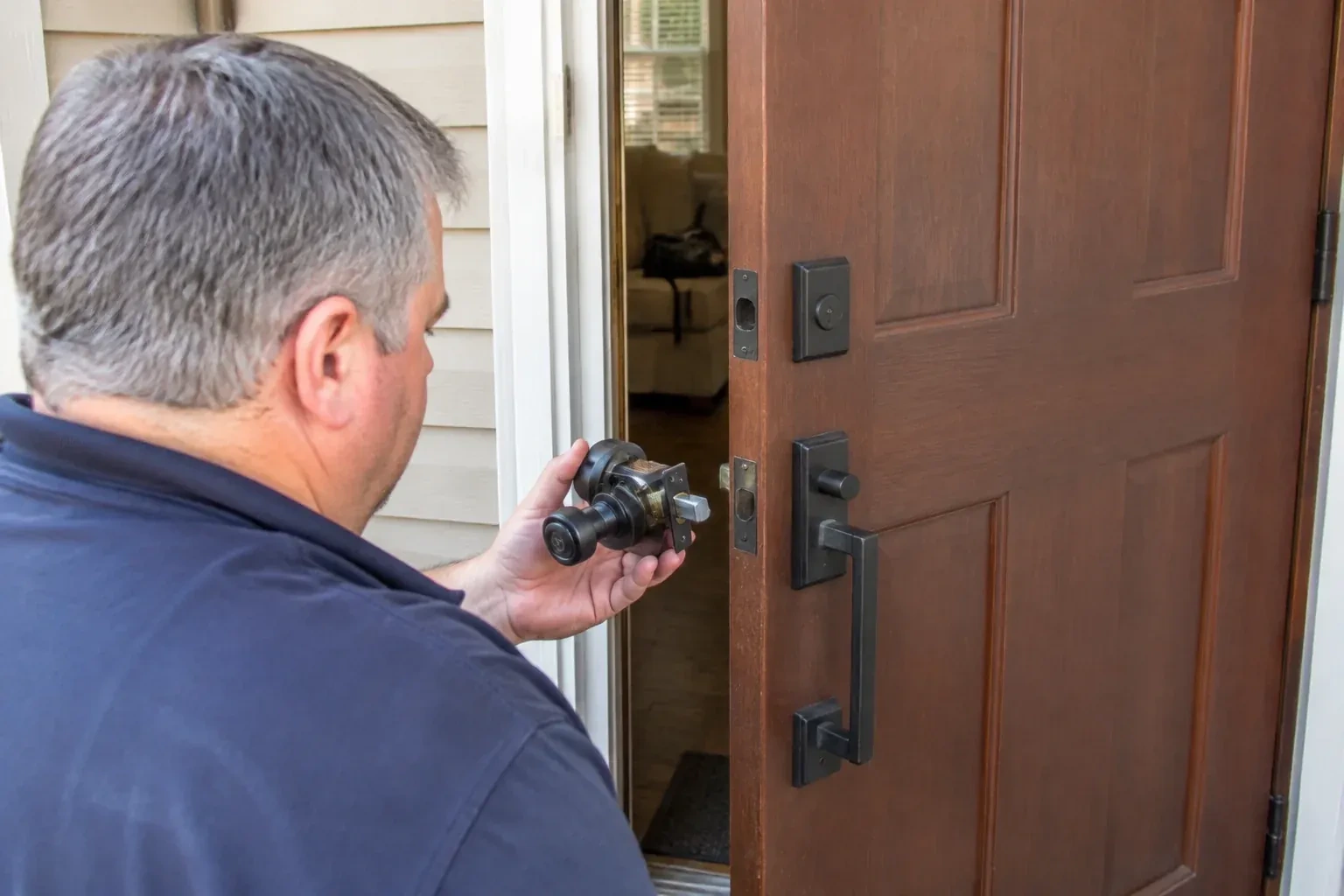Person holding a removed black lock assembly beside a partly open brown front door with a long black pull handle. — Home Lockout Service, Vaughan