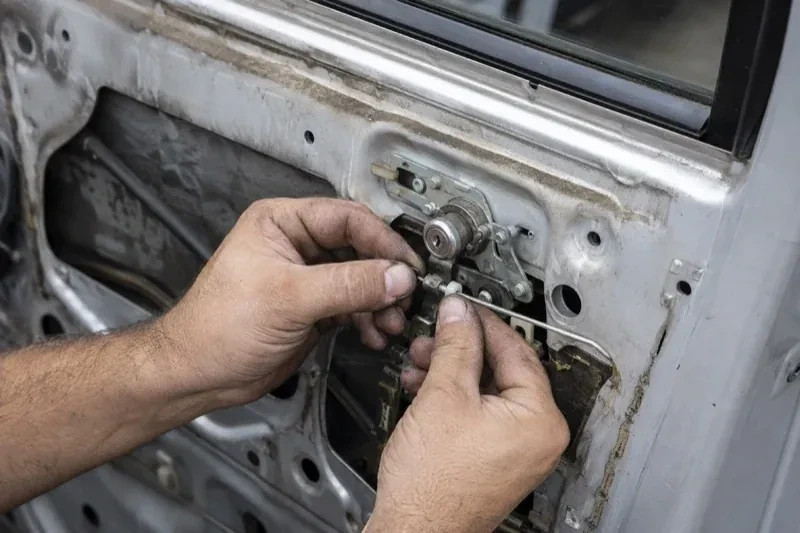 Hands holding a small linkage beside an exposed car-door lock mechanism with the interior trim removed. — Vehicle Lock Repair, Vaughan