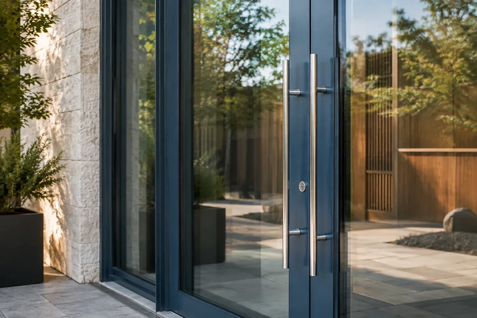 Dark-framed glass entrance doors with long silver-colored vertical pull handles and a round keyhole. — Business Lockout Service, Vaughan