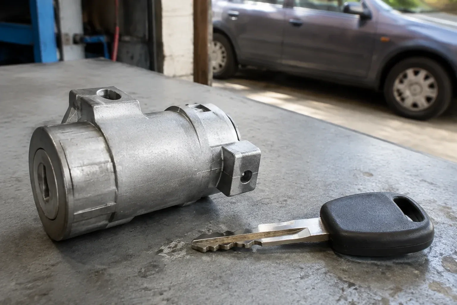 Detached cylindrical lock housing and black-headed key on an automotive workbench. — Ignition Lock Repair, Vaughan