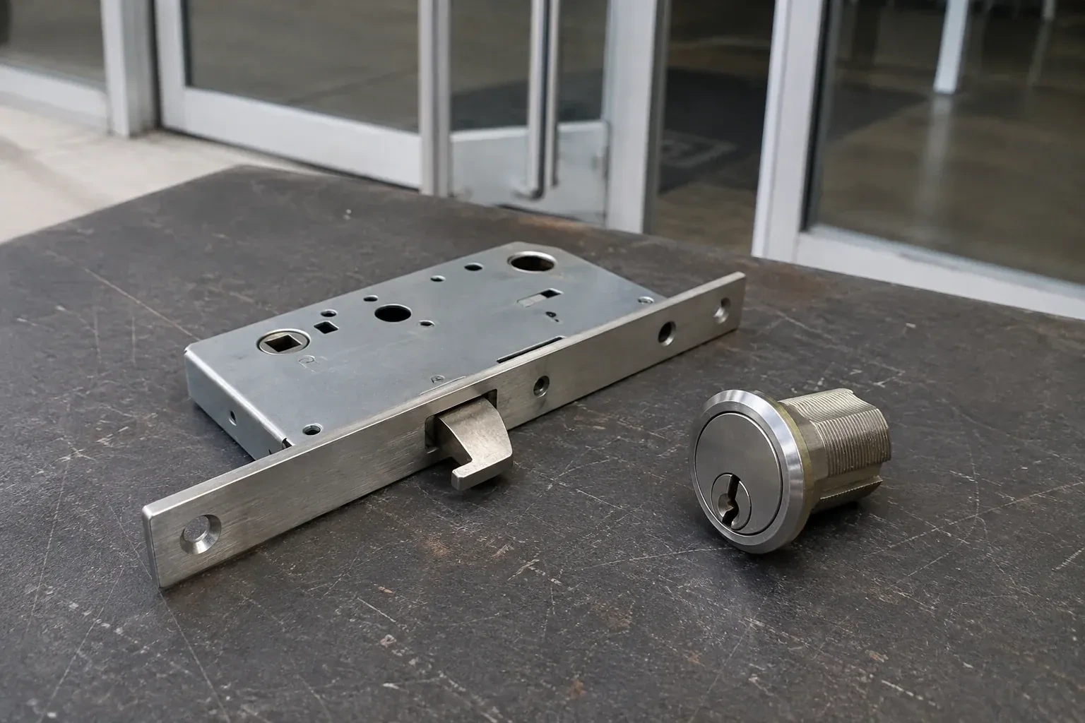 Detached mortise lock body with a projecting hook-shaped bolt beside a threaded cylinder. — Commercial-Grade Lock Replacement, Vaughan