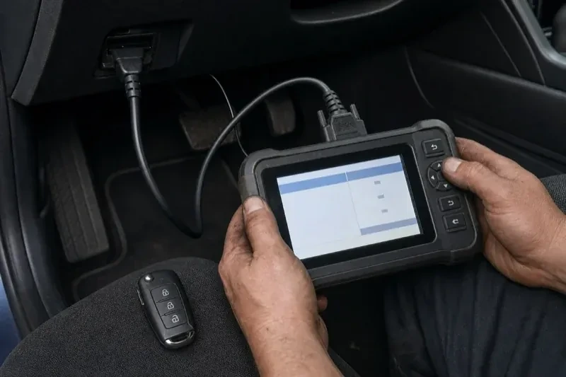 Hands holding a diagnostic tablet connected beneath a car dashboard, with a key fob resting on the person’s leg. — Key Fob Programming, Vaughan