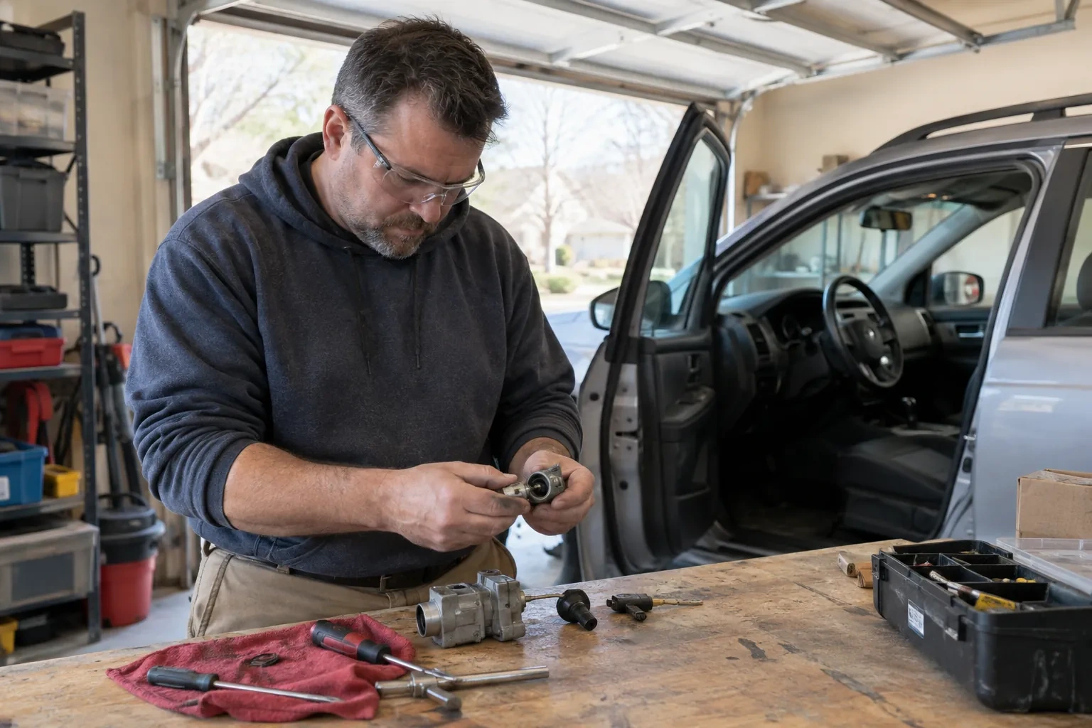 Person in safety glasses holding a small metal lock cylinder beside a workbench with a red cloth and an open car door.