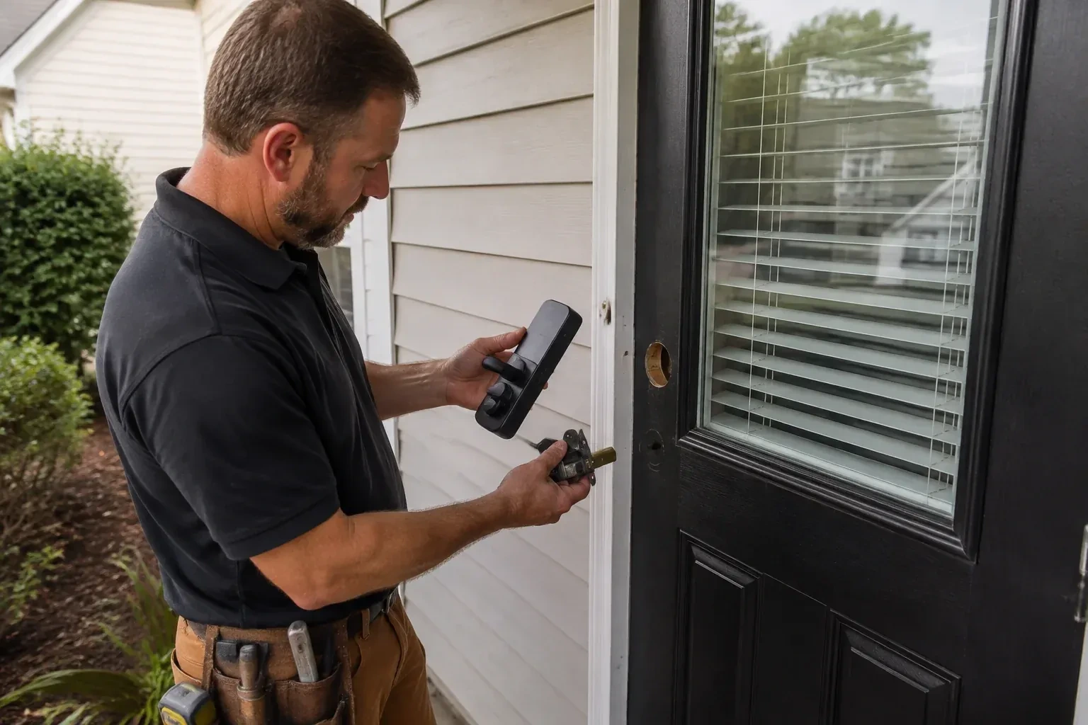 Person holding a black door-handle assembly and a latch beside a glazed door with exposed lock openings. — Smart Lock Installation, Vaughan
