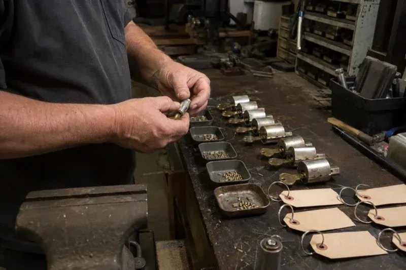 Person handling a lock cylinder at a workbench lined with cylinders, keys, small pin trays and blank key tags. — Commercial Rekeying, Vaughan