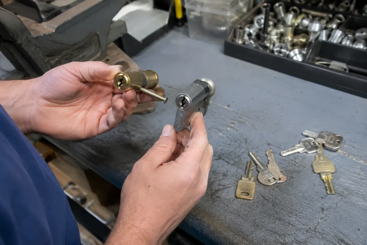 Hands comparing detached lock cylinders beside loose keys on a workbench. — Broken Key Extraction, Vaughan