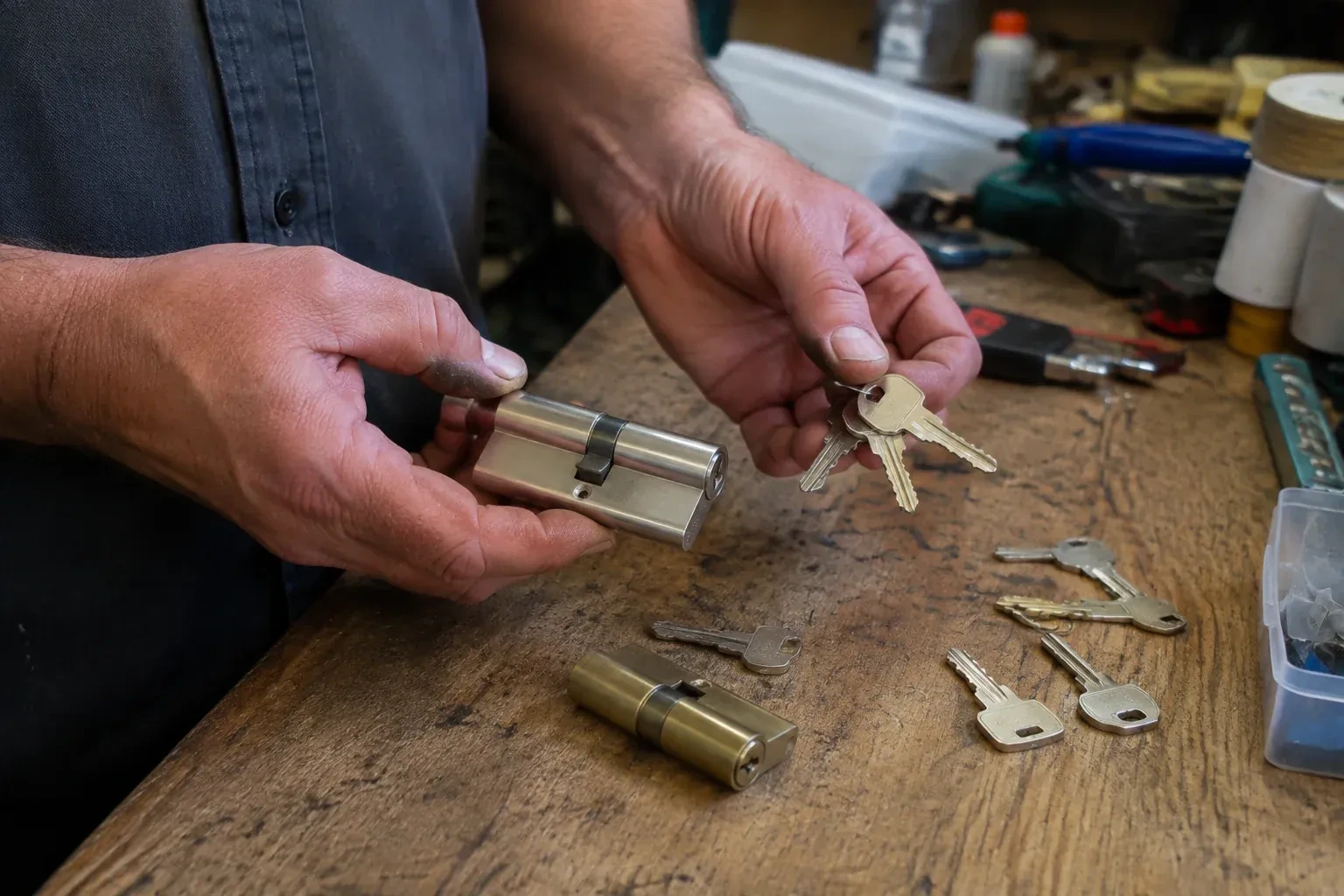 Hands holding a lock cylinder and a ring of keys above a worn workbench with another cylinder and loose keys. — Lock Rekeying, Vaughan