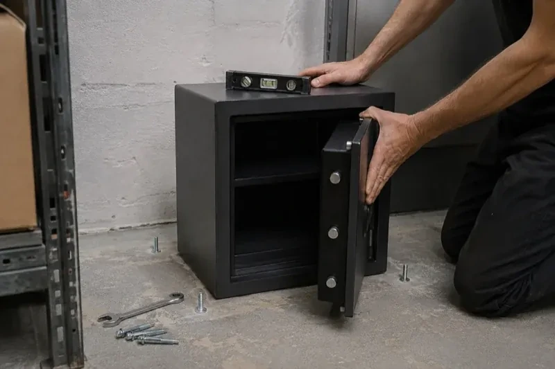 Person kneeling beside an open black safe with a spirit level on top and loose bolts and a wrench on the concrete floor. — Safe Installation & Servicing, Vaughan
