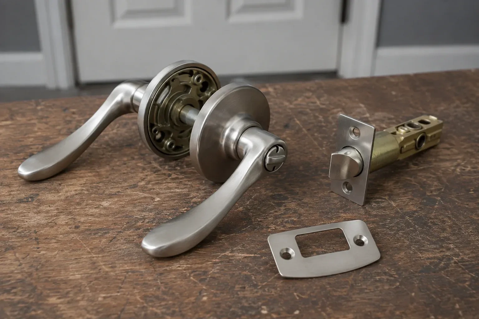 Detached satin-nickel lever hardware, tubular latch and strike plate on a wooden workbench. — Lock Replacement & Upgrade, Vaughan