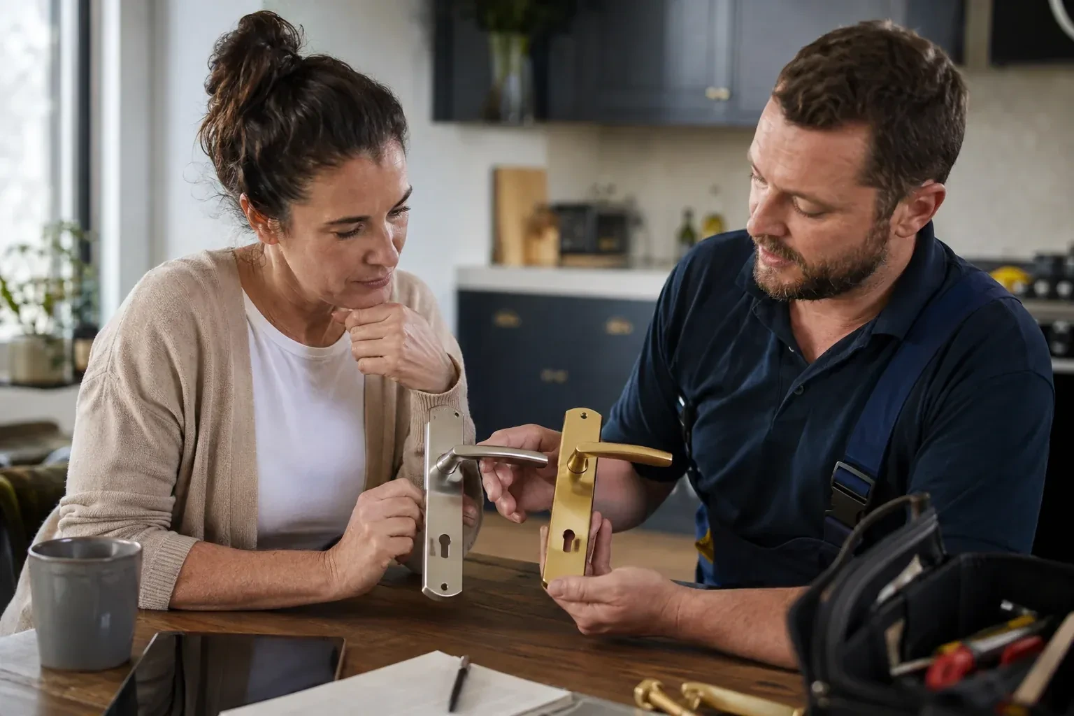 Technician and a seated person comparing two door lever handles on long backplates, one silver and one brass, at a kitchen table. — Steeles Corners