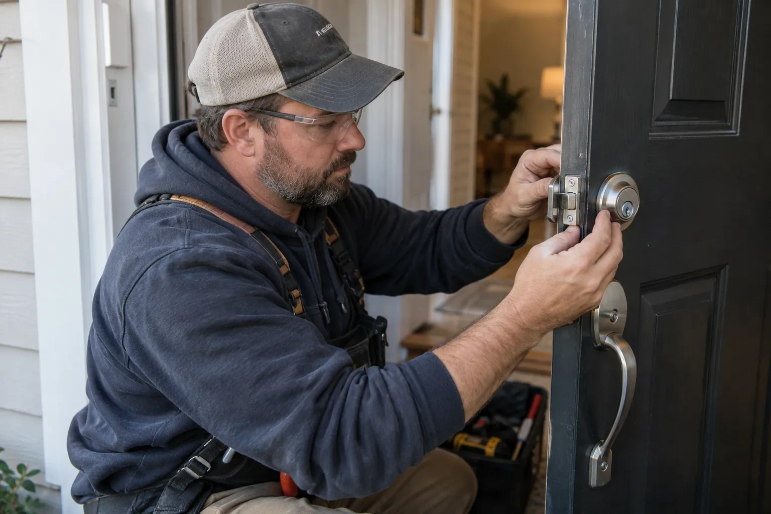 Technician in a cap and glasses holding a steel latch plate at the edge of a black door beside a deadbolt. — Thornhill