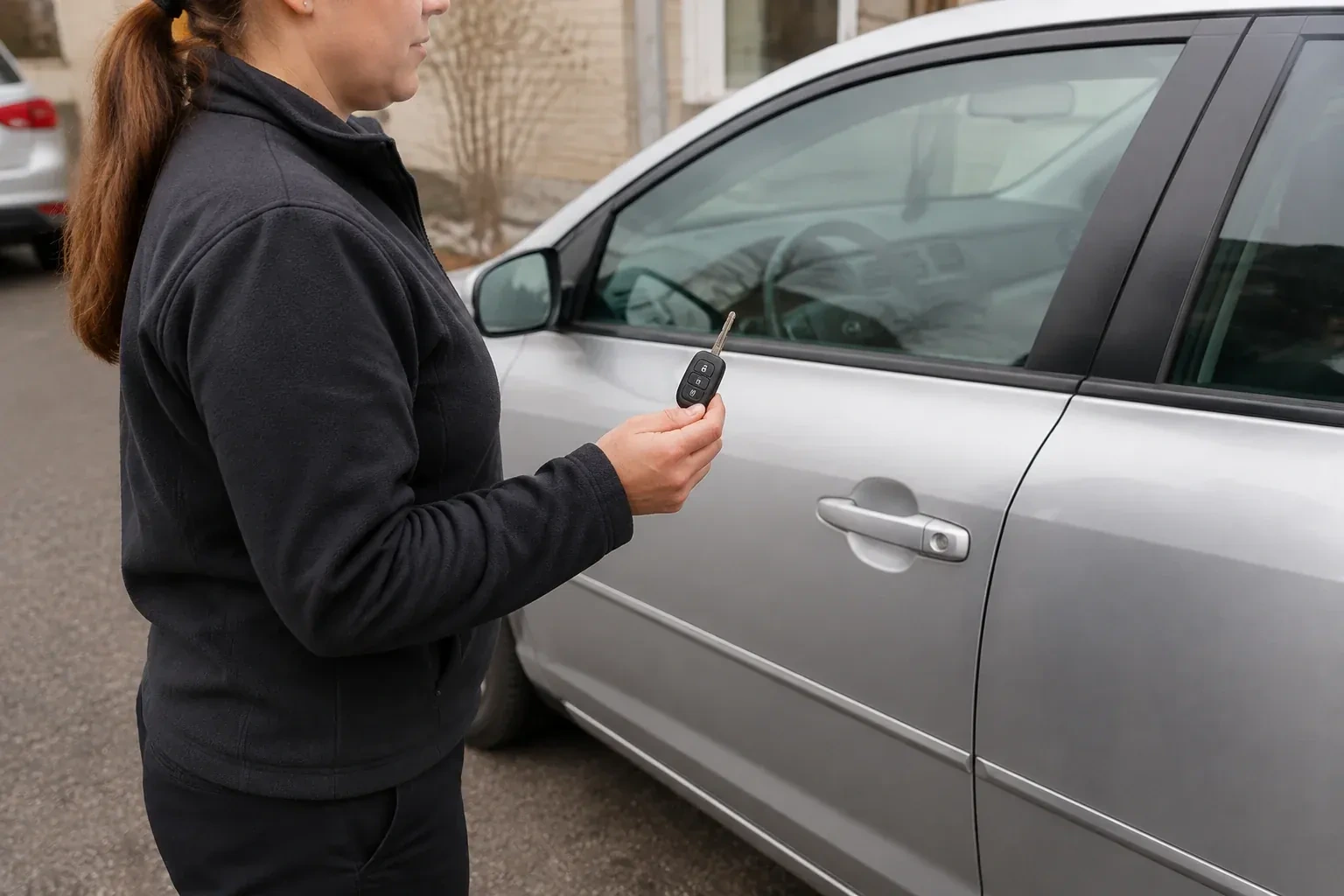 Technician holding a remote key with an extended blade beside a silver car. — Car Key Replacement, Vaughan