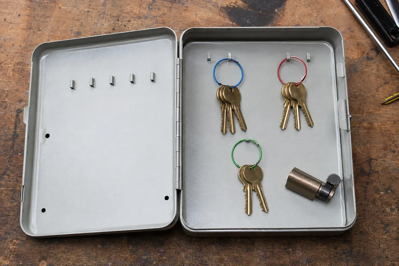 Three groups of keys on colored rings in an open metal key cabinet. — Master Key System Design, Vaughan