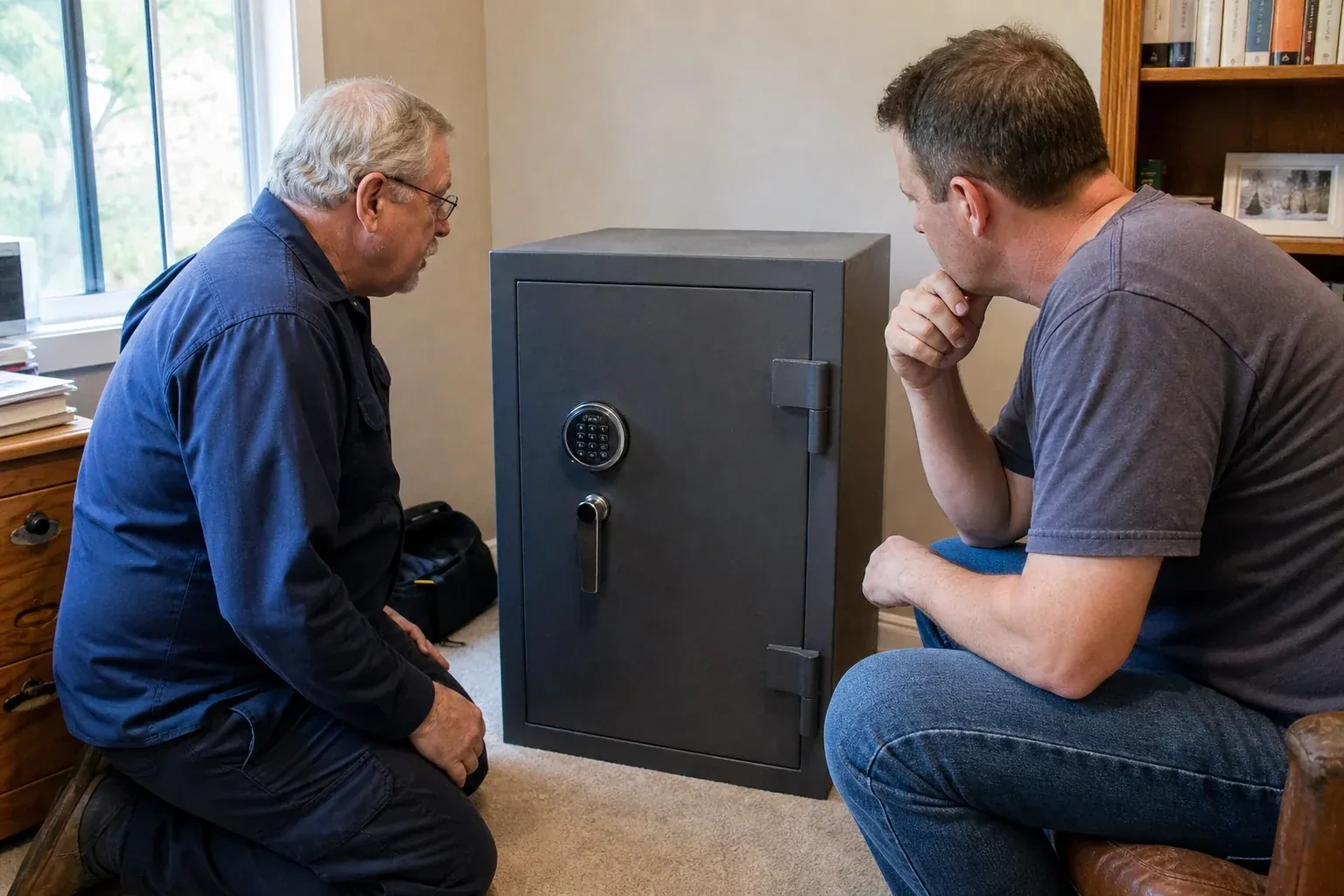Two adults discussing a closed keypad safe in a home study. — Safe Opening & Combination Change, Vaughan