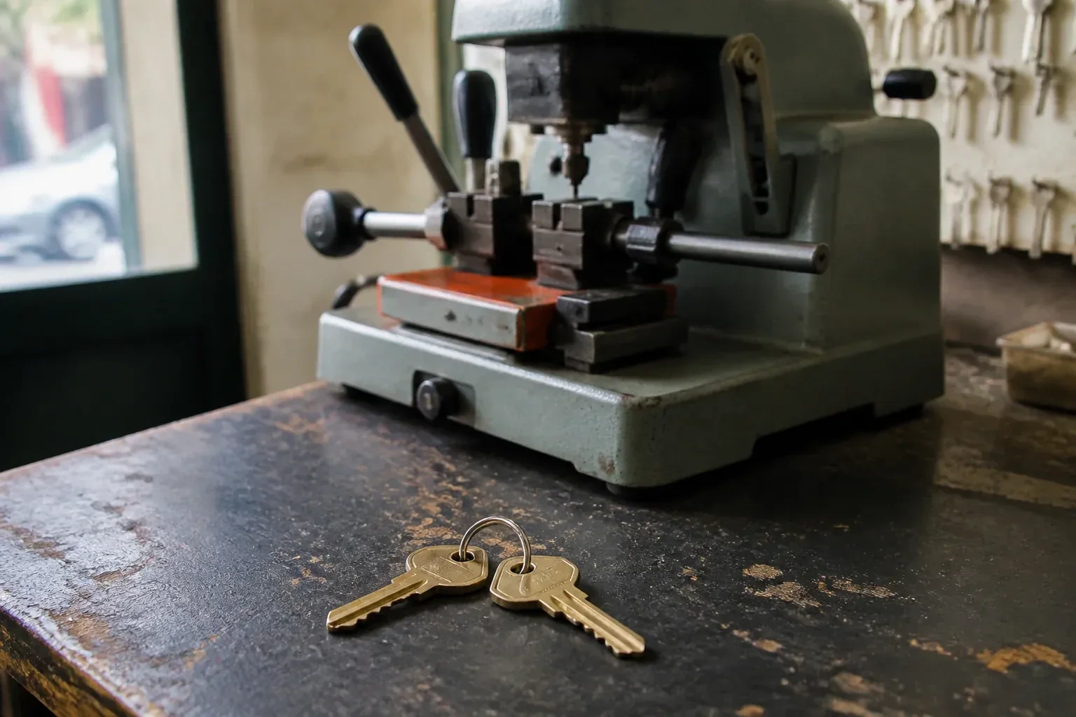 Two brass house keys on a ring resting on a workshop counter. — Spare Car Key Duplication, Vaughan