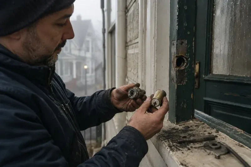 Person holding two lock cylinders beside an open painted door, with loose hardware and debris on the sill. — Seized & Jammed Lock Opening, Vaughan