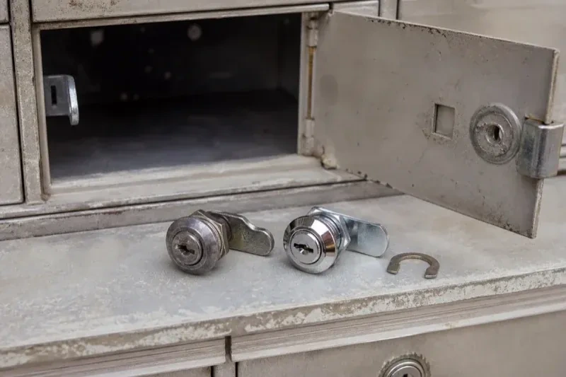 Two loose cam locks and a retaining clip resting below an open metal mailbox compartment. — Mailbox Lock Replacement, Vaughan