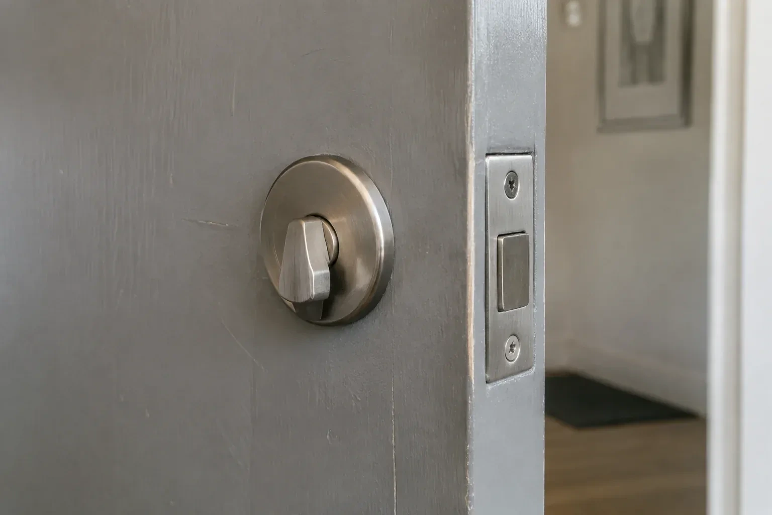 Close view of a satin-nickel deadbolt thumbturn and edge faceplate on a painted timber door. — Deadbolt Installation, Vaughan
